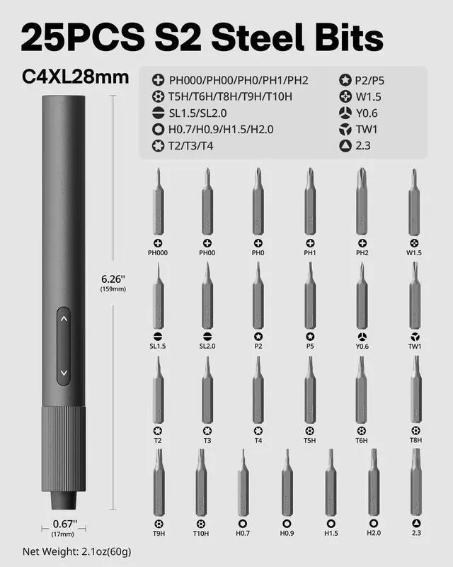 Alt view image 3 of 7 - 25-in-1 Mini Electric Screwdriver, 3.7V Precision Screwdriver Set, USB-C Rechargeable, Compact Magnetic Tool for Phone, Laptop, Camera, DIY Projects, Electronics Repair