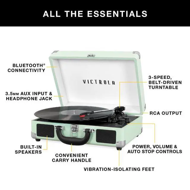 Alt view image 2 of 7 - Journey Bluetooth Portable Suitcase Record Player  with Built-in Speakers, 3 Speed Vinyl Record Player, RCA Out, Headphone Jack (Cobalt Blue)