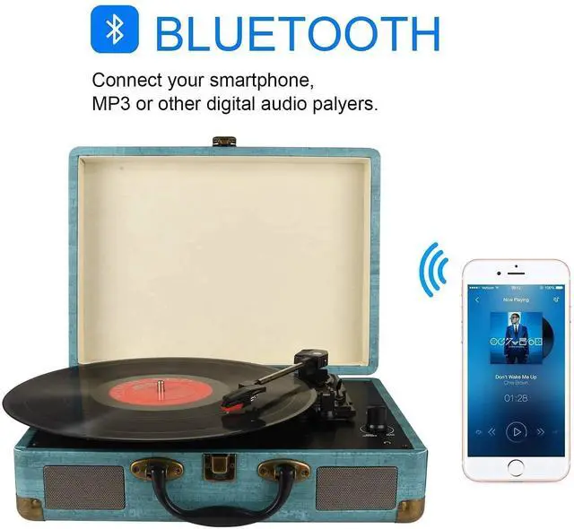 Alt view image 2 of 6 - Record Player Vintage 3-Speed Bluetooth Vinyl Turntable with Stereo Speaker, Belt Driven Suitcase Vinyl Record Player