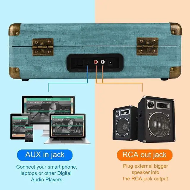 Alt view image 3 of 6 - Record Player Vintage 3-Speed Bluetooth Vinyl Turntable with Stereo Speaker, Belt Driven Suitcase Vinyl Record Player