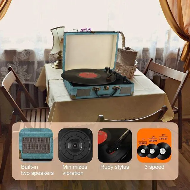 Alt view image 5 of 6 - Record Player Vintage 3-Speed Bluetooth Vinyl Turntable with Stereo Speaker, Belt Driven Suitcase Vinyl Record Player