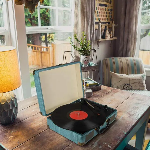 Alt view image 6 of 6 - Record Player Vintage 3-Speed Bluetooth Vinyl Turntable with Stereo Speaker, Belt Driven Suitcase Vinyl Record Player
