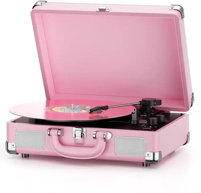 Main image of Vinyl Record Player 3-Speed Bluetooth Suitcase Portable Belt-Driven Record Player with Built-in Speakers RCA Line Out AUX in Headphone Jack Vintage Turntable,Pink
