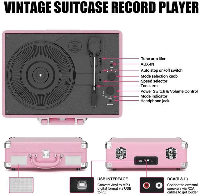 Alt view image 2 of 7 - Vinyl Record Player 3-Speed Bluetooth Suitcase Portable Belt-Driven Record Player with Built-in Speakers RCA Line Out AUX in Headphone Jack Vintage Turntable,Pink