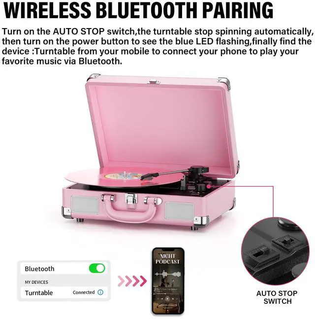 Alt view image 3 of 7 - Vinyl Record Player 3-Speed Bluetooth Suitcase Portable Belt-Driven Record Player with Built-in Speakers RCA Line Out AUX in Headphone Jack Vintage Turntable,Pink