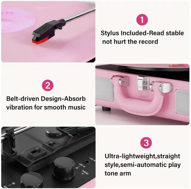 Alt view image 5 of 7 - Vinyl Record Player 3-Speed Bluetooth Suitcase Portable Belt-Driven Record Player with Built-in Speakers RCA Line Out AUX in Headphone Jack Vintage Turntable,Pink