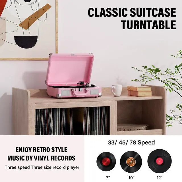 Alt view image 6 of 7 - Vinyl Record Player 3-Speed Bluetooth Suitcase Portable Belt-Driven Record Player with Built-in Speakers RCA Line Out AUX in Headphone Jack Vintage Turntable,Pink
