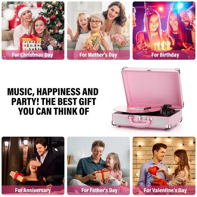 Alt view image 7 of 7 - Vinyl Record Player 3-Speed Bluetooth Suitcase Portable Belt-Driven Record Player with Built-in Speakers RCA Line Out AUX in Headphone Jack Vintage Turntable,Pink