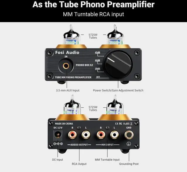 Alt view image 7 of 7 - Box X2 Phono Preamp, Mini Stereo Audio Hi-Fi Preamplifier with Gain Gear, Pre-Amplifier for MM Turntable Phonograph and Record Player, with DC 12V Power Supply