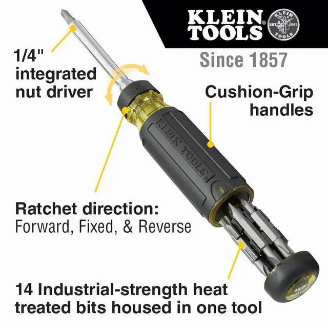 Alt view image 2 of 7 - Klein Tools 32305 Multi-bit Ratcheting Screwdriver, 15-in-1 Tool with Phillips, Slotted, Square, Torx and Combo Bits and 1/4-Inch Nut Driver