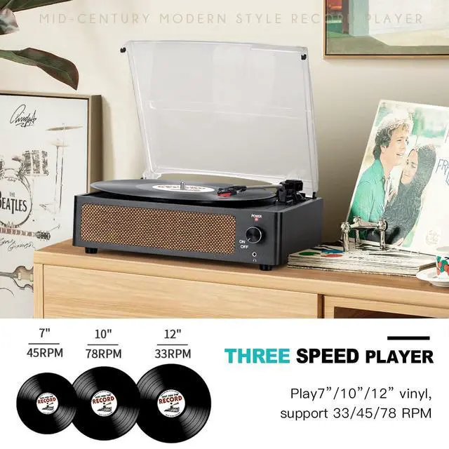 Alt view image 2 of 7 - Vinyl Record Players Vintage Turntable with Speakers Belt-Driven Turn Tables Support 3-Speed, Bluetooth Wireless Playback, Headphone, AUX-in, RCA Line LP Phonograph Auto Stop Retro Black