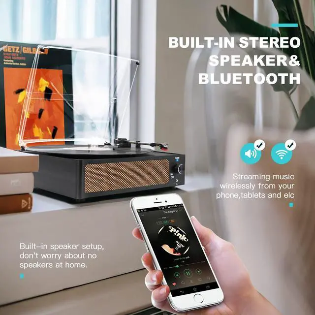 Alt view image 3 of 7 - Vinyl Record Players Vintage Turntable with Speakers Belt-Driven Turn Tables Support 3-Speed, Bluetooth Wireless Playback, Headphone, AUX-in, RCA Line LP Phonograph Auto Stop Retro Black