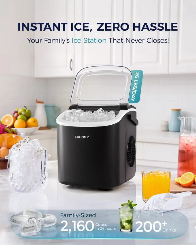 Alt view image 2 of 7 - Countertop Ice Maker Machine with Handle, 26lbs in 24Hrs, 9 Ice Cubes Ready in 6 Mins, Auto-Cleaning Portable Ice Maker with Basket and Scoop, for Home/Kitchen/Camping/RV. (Black)
