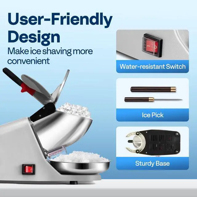Alt view image 6 of 7 - Electric Ice Shaver Snow Cone Maker Machine Silver 143lbs/hr with Ice Pick for Home and Commercial Use