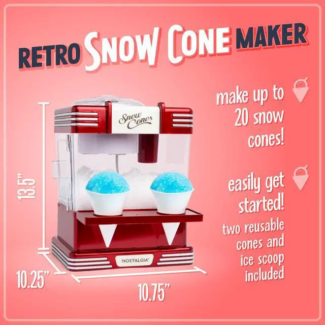 Alt view image 2 of 7 - Snow Cone Shaved Ice Machine - Retro Table-Top Slushie Machine Makes 20 Icy Treats - Includes 2 Reusable Plastic Cups & Ice Scoop - Retro Red