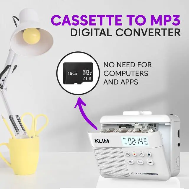 Alt view image 3 of 7 - K7 Cassette Tape Player - Cassette to MP3 Converter - Portable - Built-in Microphone & Speaker - Rechargeable Battery - Earphones - 16GB SD Card - White