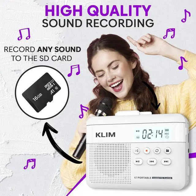 Alt view image 4 of 7 - K7 Cassette Tape Player - Cassette to MP3 Converter - Portable - Built-in Microphone & Speaker - Rechargeable Battery - Earphones - 16GB SD Card - White