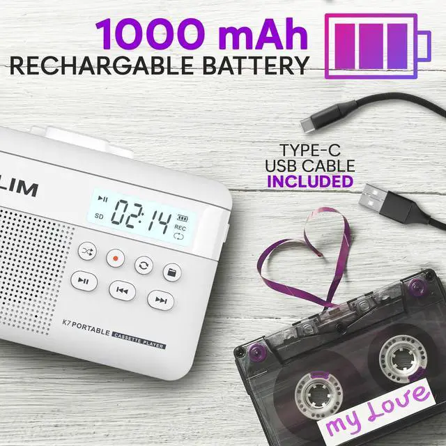 Alt view image 5 of 7 - K7 Cassette Tape Player - Cassette to MP3 Converter - Portable - Built-in Microphone & Speaker - Rechargeable Battery - Earphones - 16GB SD Card - White