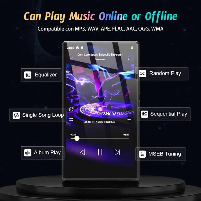 Alt view image 2 of 7 - 5" MP3 Player with Android 13 OS, 96GB MP3 Player with Bluetooth and WiFi, 1080P HD MP4 Player, Music Player Preloaded with Spotify, Audible, and Play Store (Black)