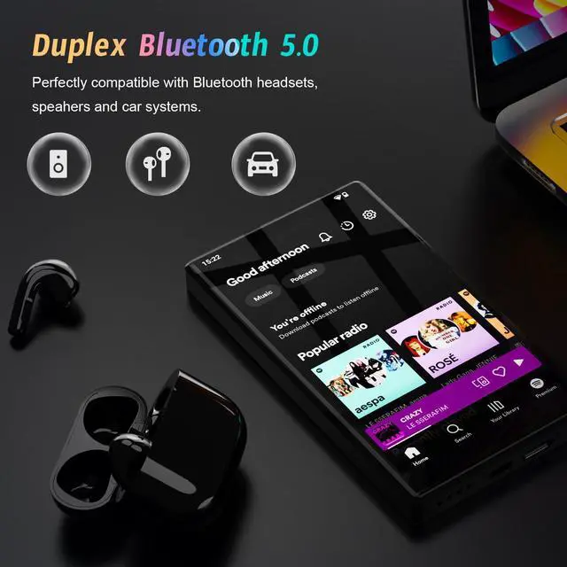 Alt view image 4 of 7 - 5" MP3 Player with Android 13 OS, 96GB MP3 Player with Bluetooth and WiFi, 1080P HD MP4 Player, Music Player Preloaded with Spotify, Audible, and Play Store (Black)