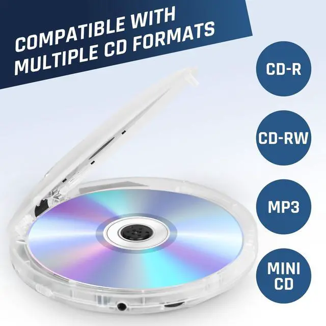 Alt view image 7 of 7 - Discman Portable CD Player with Headphones, Built-in Battery - New - CD Players for Home, Car - Compatible w/SD Card CD CD-R CD-RW MP3 WMA - 5 EQ Effects - Walkman CD Player - Clear White