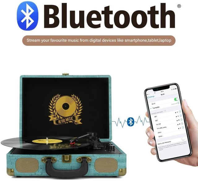 Alt view image 2 of 7 - Vinyl Record Player 3-Speed Bluetooth Suitcase Portable Belt-Driven Turntable,Record Player with Speakers Supports Bluetooth, RCA Output, 3.5mm aux-in and Headphone Jack