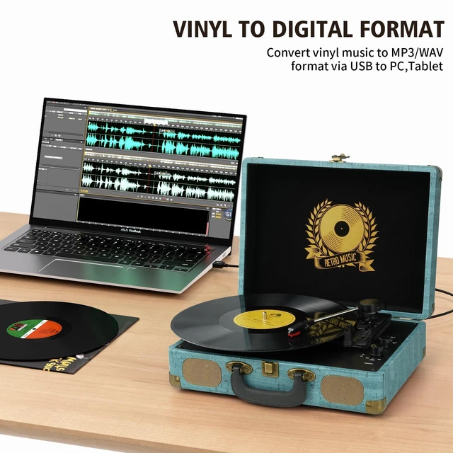 Alt view image 4 of 7 - Vinyl Record Player 3-Speed Bluetooth Suitcase Portable Belt-Driven Turntable,Record Player with Speakers Supports Bluetooth, RCA Output, 3.5mm aux-in and Headphone Jack