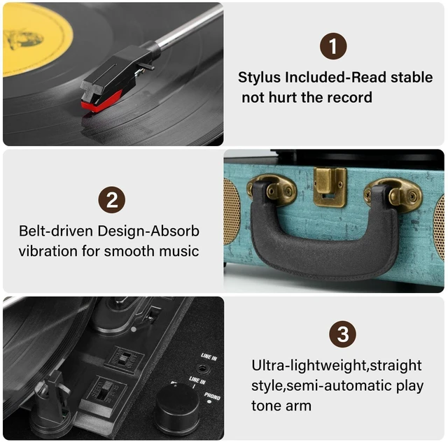 Alt view image 5 of 7 - Vinyl Record Player 3-Speed Bluetooth Suitcase Portable Belt-Driven Turntable,Record Player with Speakers Supports Bluetooth, RCA Output, 3.5mm aux-in and Headphone Jack