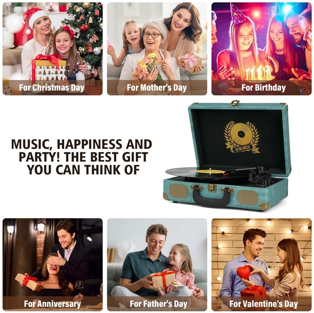 Alt view image 7 of 7 - Vinyl Record Player 3-Speed Bluetooth Suitcase Portable Belt-Driven Turntable,Record Player with Speakers Supports Bluetooth, RCA Output, 3.5mm aux-in and Headphone Jack