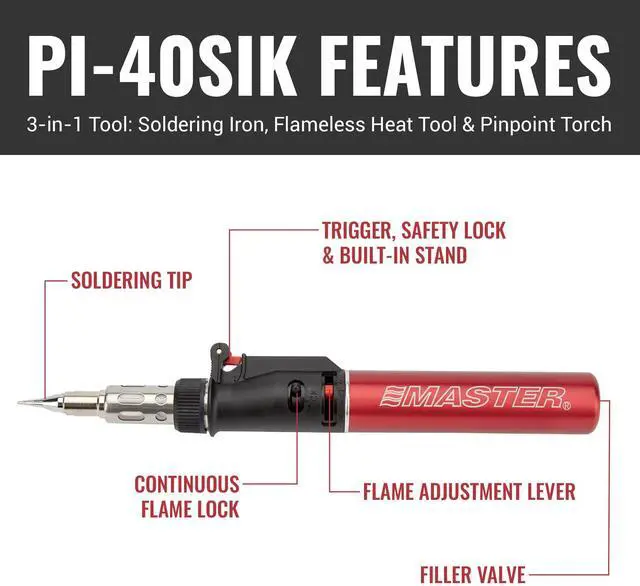 Alt view image 3 of 7 - PI-40SiK Professional Soldering Iron Kit, Butane Soldering Iron, Cordless and Portable with Adjustable Soldering Temperature, Self-Igniting, Butane-Powered, Professional 7-Piece Kit