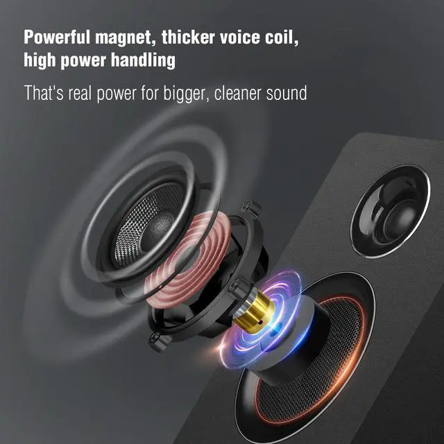 Alt view image 3 of 7 - Computer Speakers for Desktop PC, Active Bookshelf Speaker with 3 Carbon Fiber Woofer and Silk Film Tweeter ,Supports Bluetooth 5.3, USB-C, AUX/RCA Input for Record Player TV - Black Stereo Set