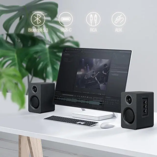 Alt view image 5 of 7 - Computer Speakers for Desktop PC, Active Bookshelf Speaker with 3 Carbon Fiber Woofer and Silk Film Tweeter ,Supports Bluetooth 5.3, USB-C, AUX/RCA Input for Record Player TV - Black Stereo Set