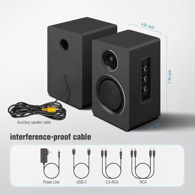 Alt view image 7 of 7 - Computer Speakers for Desktop PC, Active Bookshelf Speaker with 3 Carbon Fiber Woofer and Silk Film Tweeter ,Supports Bluetooth 5.3, USB-C, AUX/RCA Input for Record Player TV - Black Stereo Set