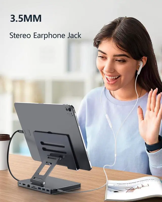 Alt view image 6 of 7 - iPad Pro USB C Hub Stand, 9-in-1 Adapter for iPad Pro M4 M2 13 12.9 11 Inch Docking Station Foldable with 4K 60Hz HDMI, RJ45 Gigabit Ethernet, SD/TF Card Reader, 3 USB 3.0, 3.5 mm Audio, iPad Air