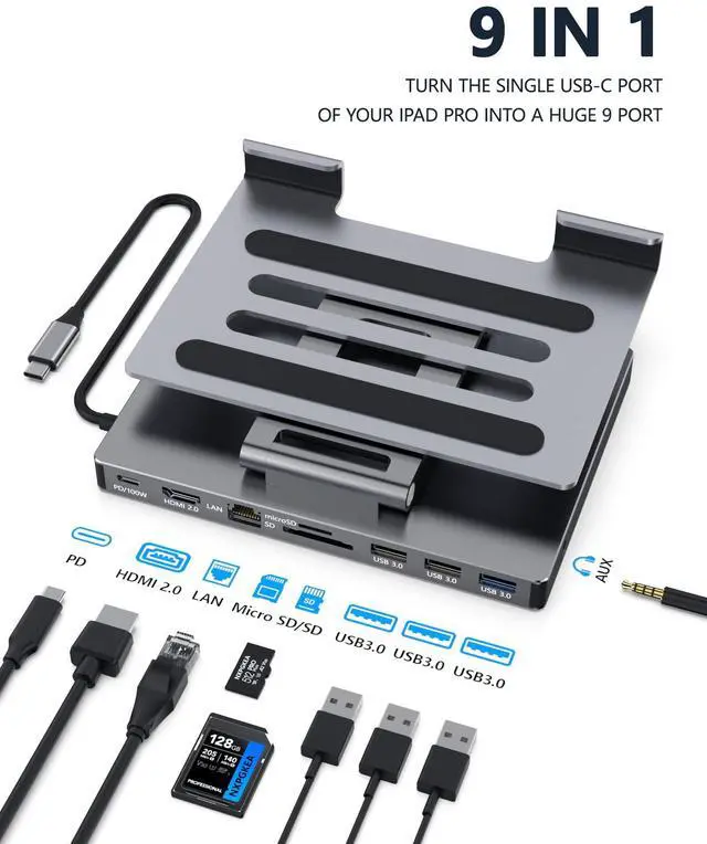 Alt view image 2 of 7 - iPad Pro USB C Hub Stand, 9-in-1 Adapter for iPad Pro M4 M2 13 12.9 11 Inch Docking Station Foldable with 4K 60Hz HDMI, RJ45 Gigabit Ethernet, SD/TF Card Reader, 3 USB 3.0, 3.5 mm Audio, iPad Air