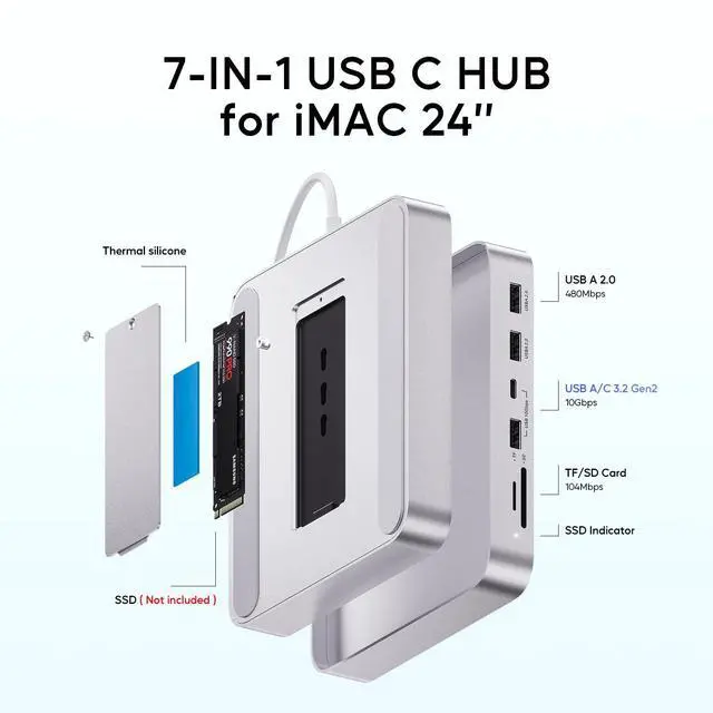 Alt view image 3 of 7 - USB C HUB for iMac 24 inch 2021/2023/2024, USB Hub Adapter iMac Accessories for i-Mac M1/M3/M4 with USB C 10Gbps 3*USB A SD/TF, Docking Station Support Expand M.2 SSD (Not Included), Silver