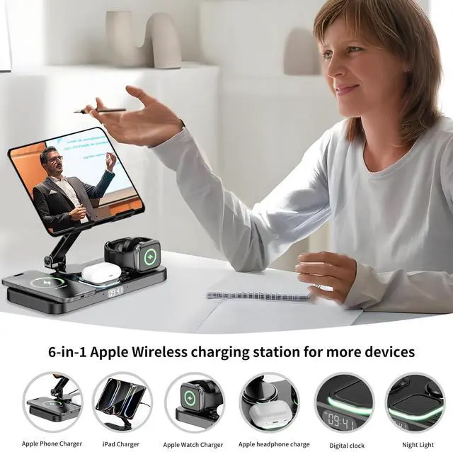 Alt view image 4 of 7 - 30W Foldable Charging Station for Multiple Devices, iPad Charging Station with Clock Display & Night Light for iPhone 17 Pro Max/16/15/iWatch 11/Air-pods 3/iPad 2025/Tablet Stand Holder