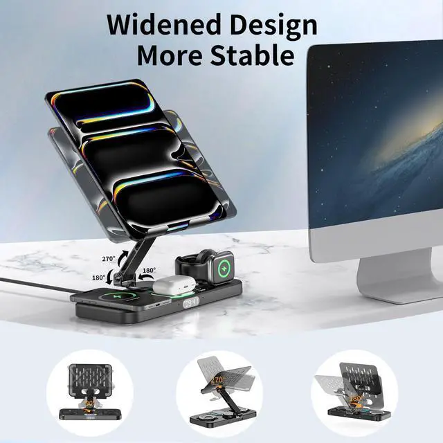 Alt view image 7 of 7 - 30W Foldable Charging Station for Multiple Devices, iPad Charging Station with Clock Display & Night Light for iPhone 17 Pro Max/16/15/iWatch 11/Air-pods 3/iPad 2025/Tablet Stand Holder