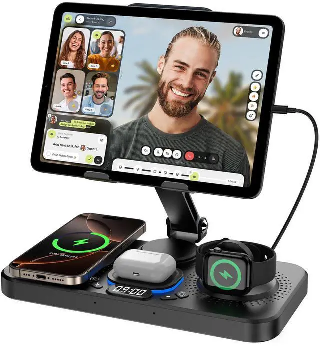 Main image of 6 in 1 Wireless Charger for Apple Device, 30W Foldable Wired Charging for ipad with Clock & 7 Color Ambient Light, Nightstand Charger Station for iPhone 17/16/15/iWatch Series/AirPods 4/Pro 3(Black)