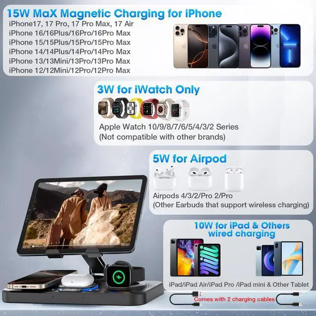 Alt view image 2 of 7 - 6 in 1 Wireless Charger for Apple Device, 30W Foldable Wired Charging for ipad with Clock & 7 Color Ambient Light, Nightstand Charger Station for iPhone 17/16/15/iWatch Series/AirPods 4/Pro 3(Black)