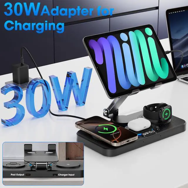 Alt view image 3 of 7 - 6 in 1 Wireless Charger for Apple Device, 30W Foldable Wired Charging for ipad with Clock & 7 Color Ambient Light, Nightstand Charger Station for iPhone 17/16/15/iWatch Series/AirPods 4/Pro 3(Black)