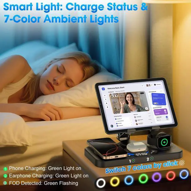 Alt view image 4 of 7 - 6 in 1 Wireless Charger for Apple Device, 30W Foldable Wired Charging for ipad with Clock & 7 Color Ambient Light, Nightstand Charger Station for iPhone 17/16/15/iWatch Series/AirPods 4/Pro 3(Black)
