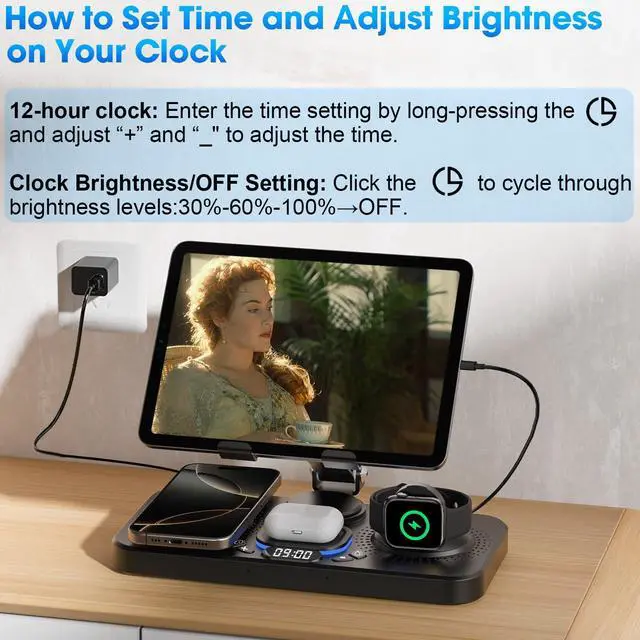Alt view image 5 of 7 - 6 in 1 Wireless Charger for Apple Device, 30W Foldable Wired Charging for ipad with Clock & 7 Color Ambient Light, Nightstand Charger Station for iPhone 17/16/15/iWatch Series/AirPods 4/Pro 3(Black)