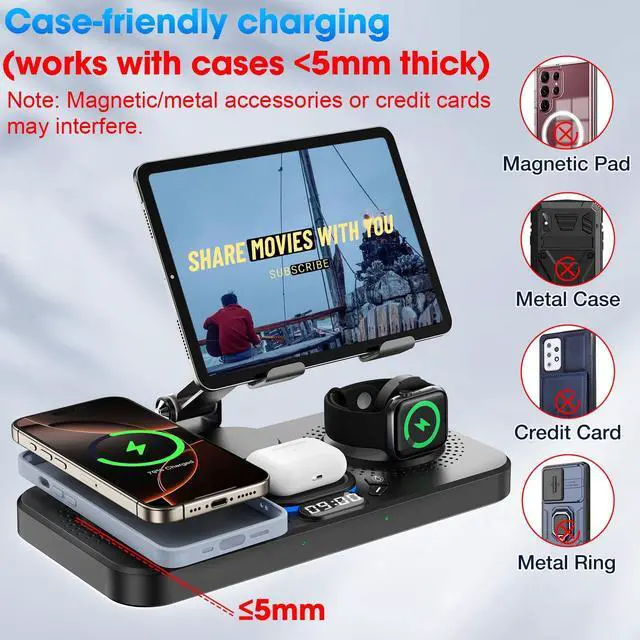 Alt view image 6 of 7 - 6 in 1 Wireless Charger for Apple Device, 30W Foldable Wired Charging for ipad with Clock & 7 Color Ambient Light, Nightstand Charger Station for iPhone 17/16/15/iWatch Series/AirPods 4/Pro 3(Black)