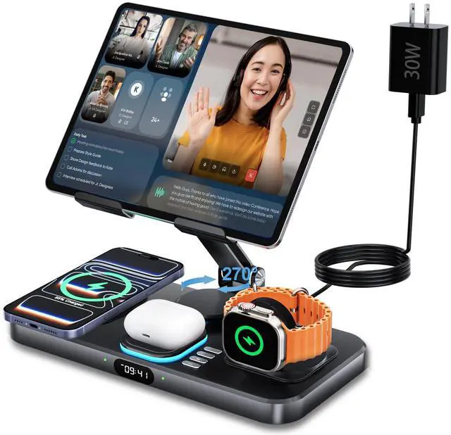Main image of 30W Foldable Charging Station for Multiple Devices, iPad Charging Station with Clock Display & Night Light for iPhone 17 Pro Max/16/15/iWatch 11/Air-pods 3/iPad 2025/Tablet Stand Holder