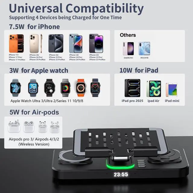 Alt view image 2 of 7 - 30W Foldable Charging Station for Multiple Devices, iPad Charging Station with Clock Display & Night Light for iPhone 17 Pro Max/16/15/iWatch 11/Air-pods 3/iPad 2025/Tablet Stand Holder