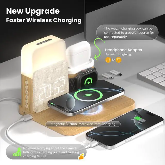 Alt view image 2 of 7 - Alarm Clock Charging Station for Bedrooms, 7 in 1 Wireless Charging Station, Magnetic Charger with Night Light Bedside Clock for iPhone 16 15 14 13 12 Pro Max, Apple Watch, AirPods