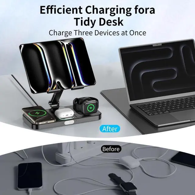 Alt view image 6 of 7 - 30W Foldable Charging Station for Multiple Devices, iPad Charging Station with Clock Display & Night Light for iPhone 17 Pro Max/16/15/iWatch 11/Air-pods 3/iPad 2025/Tablet Stand Holder