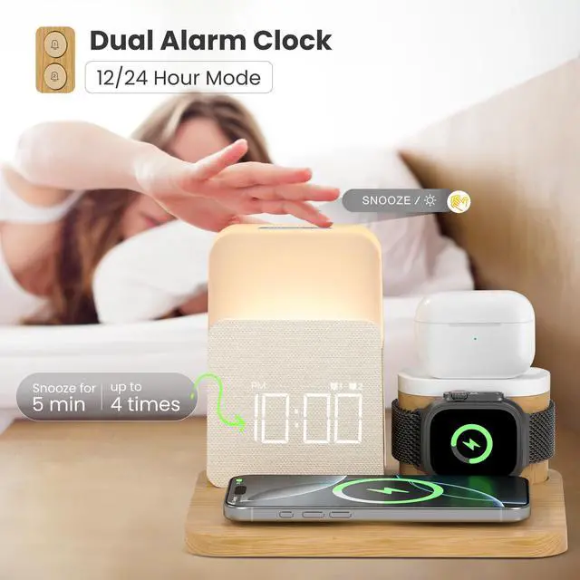 Alt view image 3 of 7 - Alarm Clock Charging Station for Bedrooms, 7 in 1 Wireless Charging Station, Magnetic Charger with Night Light Bedside Clock for iPhone 16 15 14 13 12 Pro Max, Apple Watch, AirPods