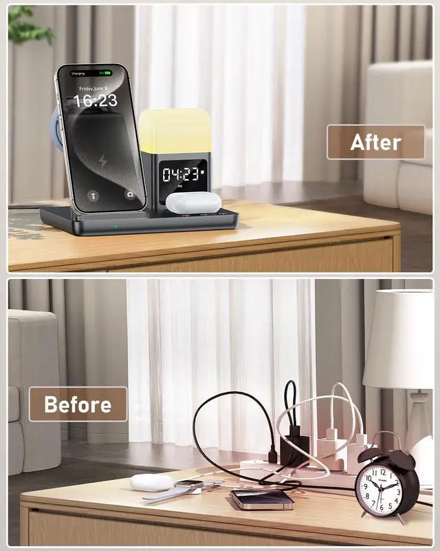 Alt view image 7 of 7 - 6 in 1 Wireless Charging Station for Apple Charging Station for Multiple Devices with Alarm Clock and Night Light nightstand for iPhone 16 15 14 13 for Apple Watch Best Gift for Your Loved Ones